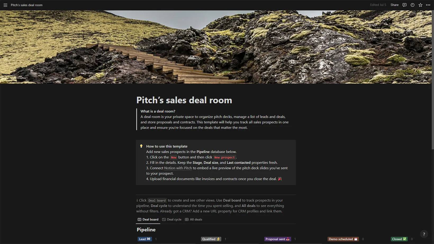 Pitch's sales deal room Notion Template