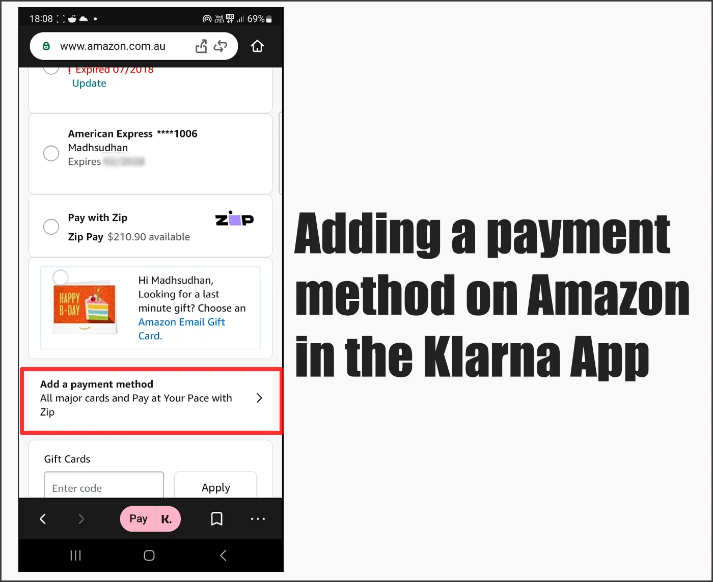 Adding a payment method on Amazon in the Klarna App