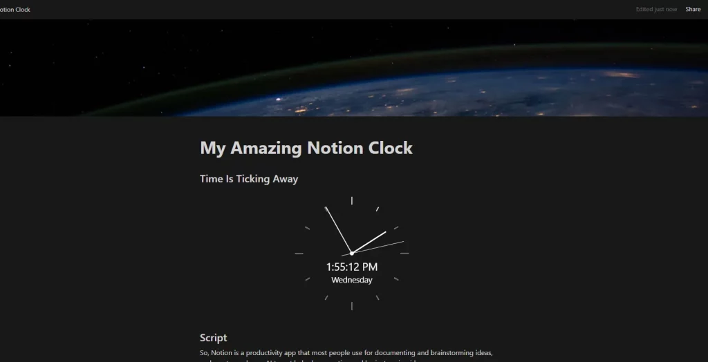 Indify Clock Widget in Notion