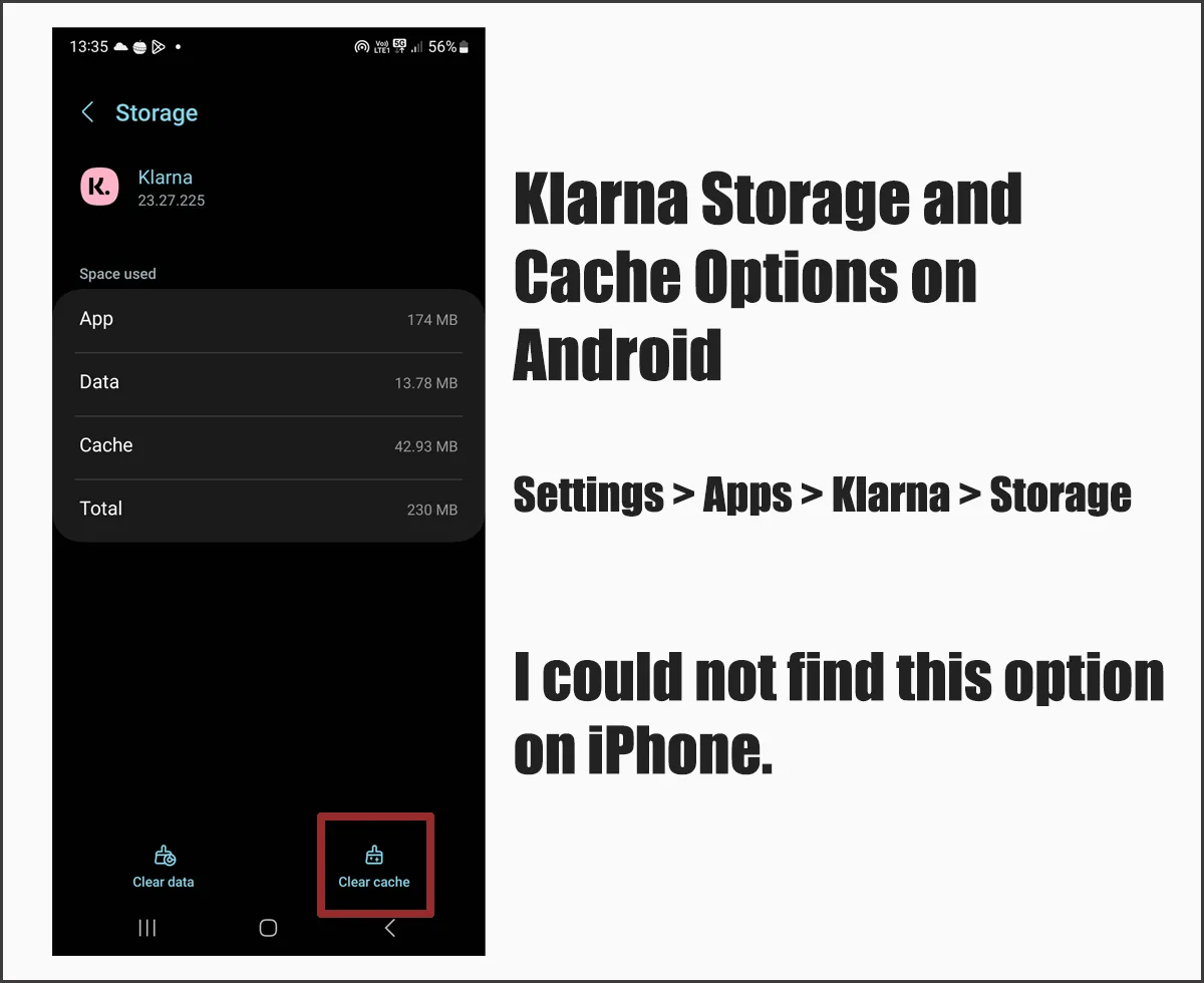 Klarna Storage and Cache Options on Android