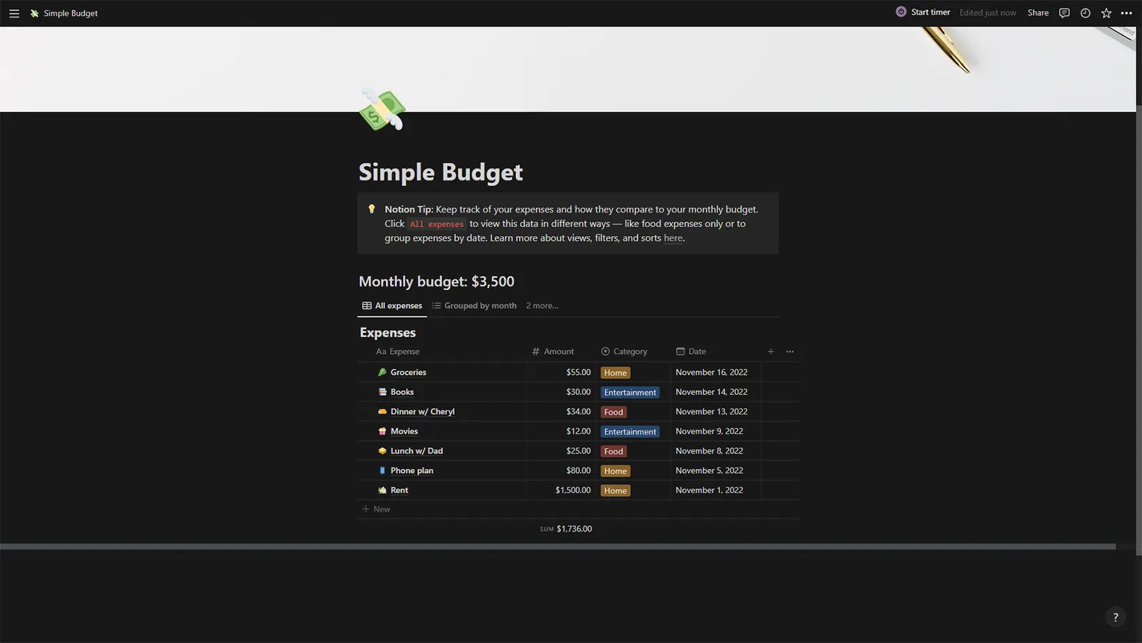 Simple Budget by Notion