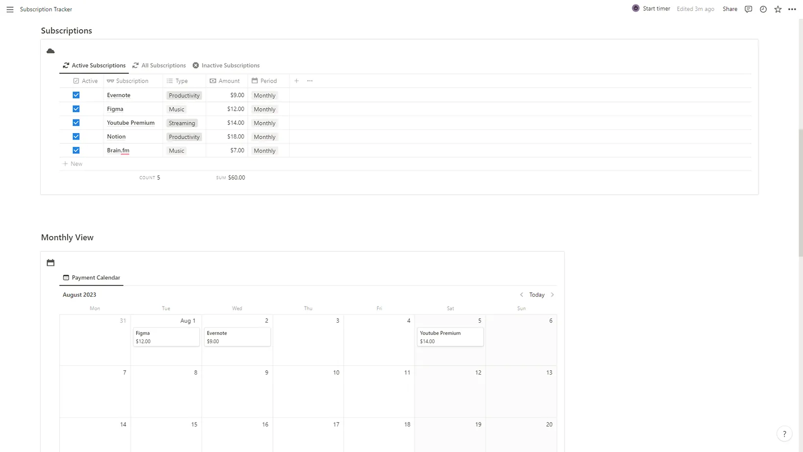 Subscription Tracker Notion Template