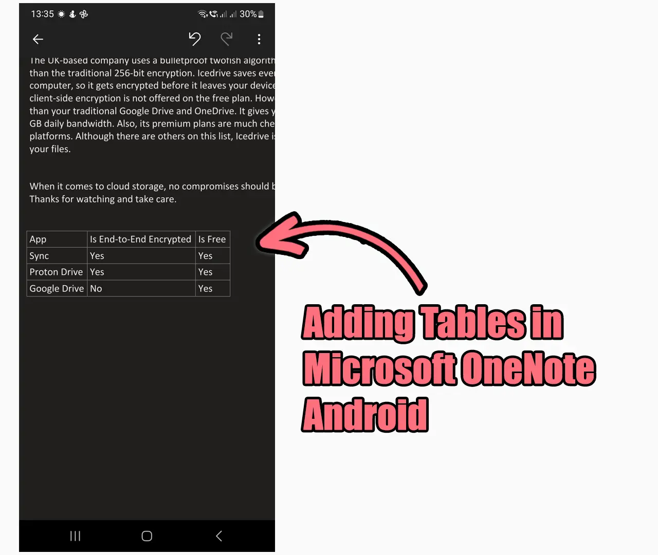 Adding Tables in Microsoft OneNote Android