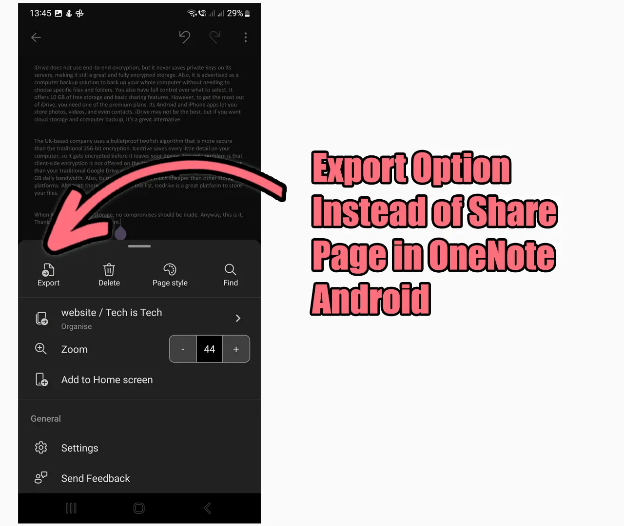 Export Option Instead of Share Page in OneNote Android