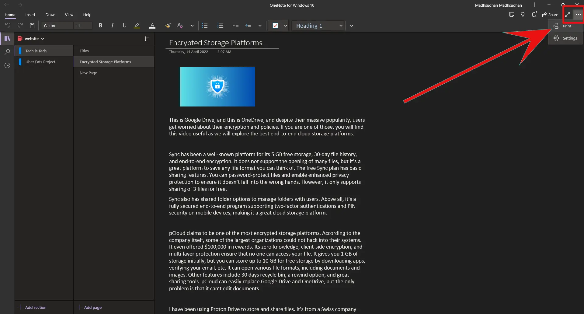 Print in OneNote for Windows 10