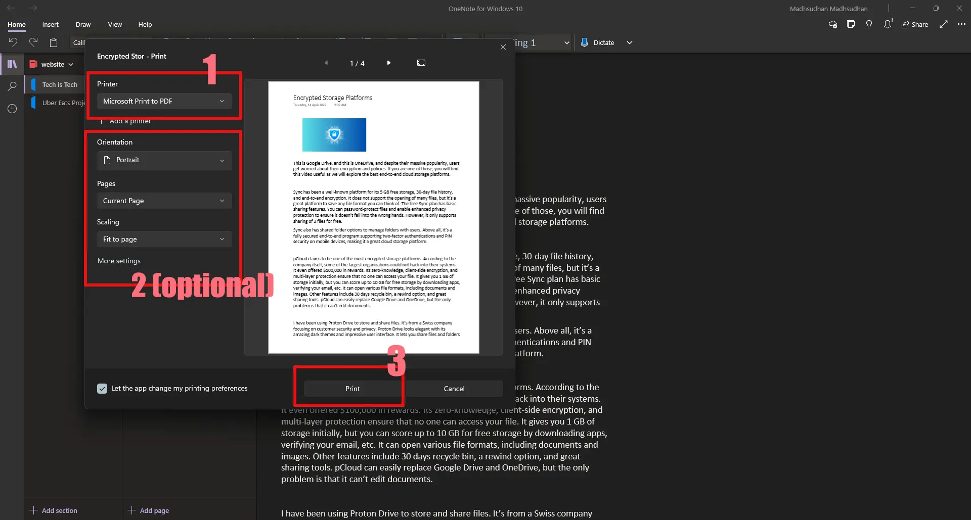 Printing to a PDF in OneNote for Windows 10