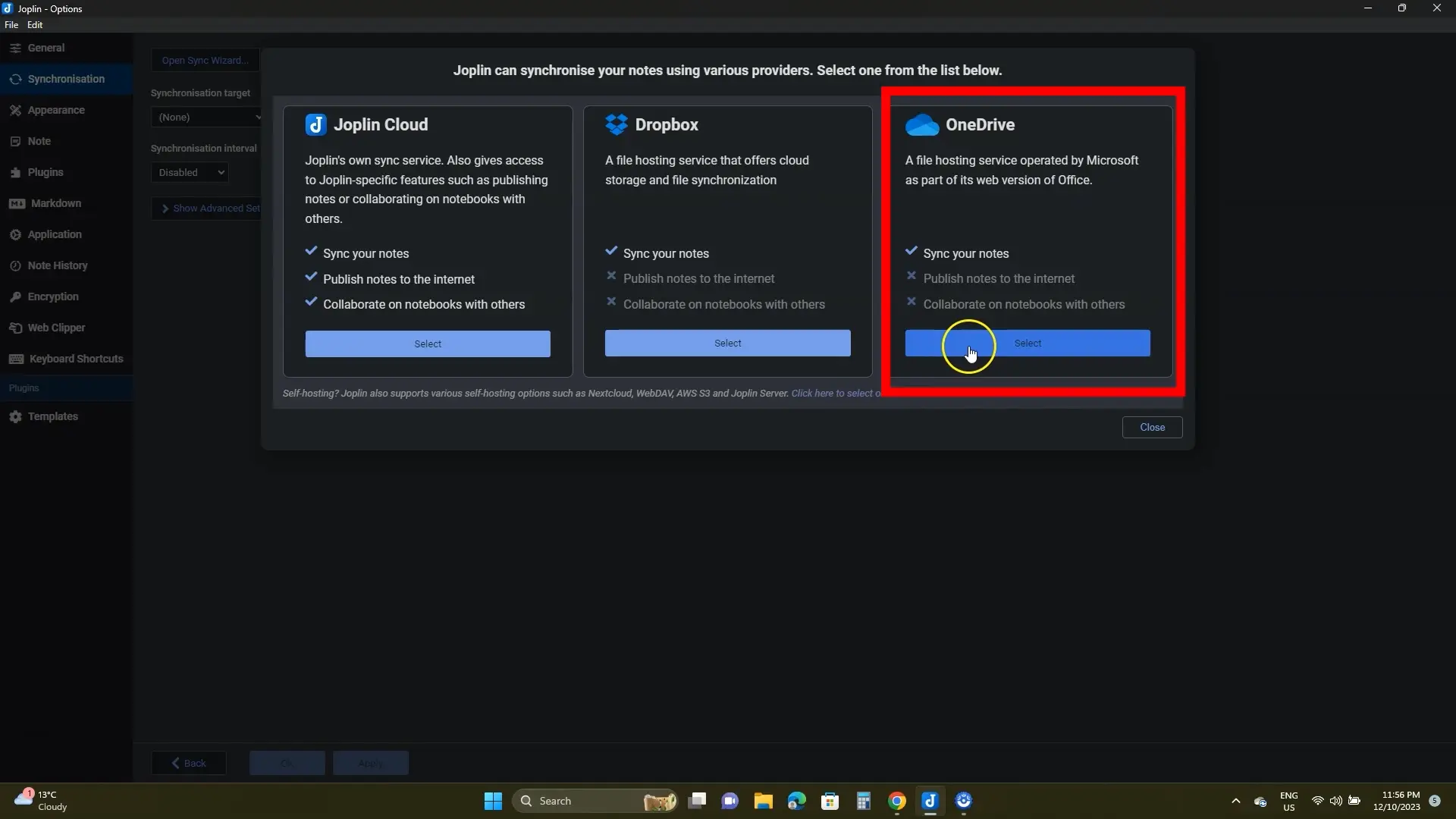 Choosing OneDrive Sync in Joplin
