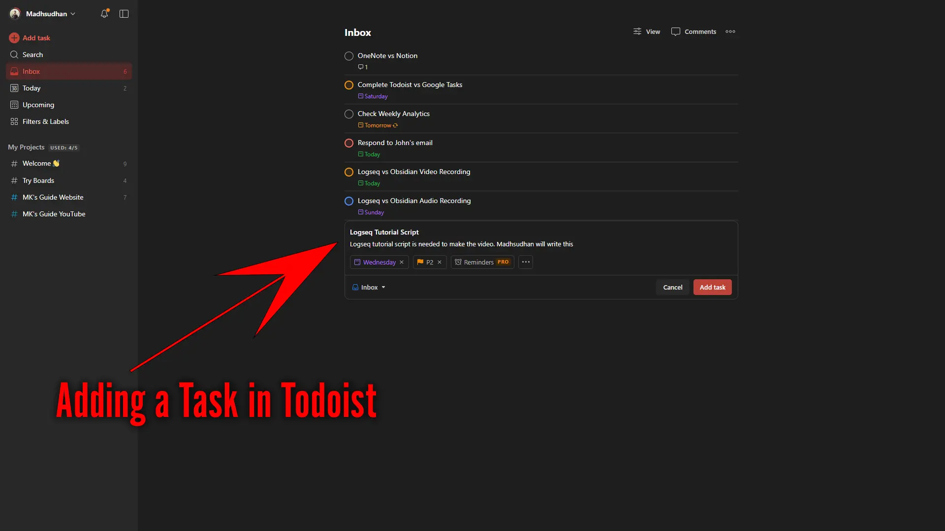 Adding a Tasks in Todoist