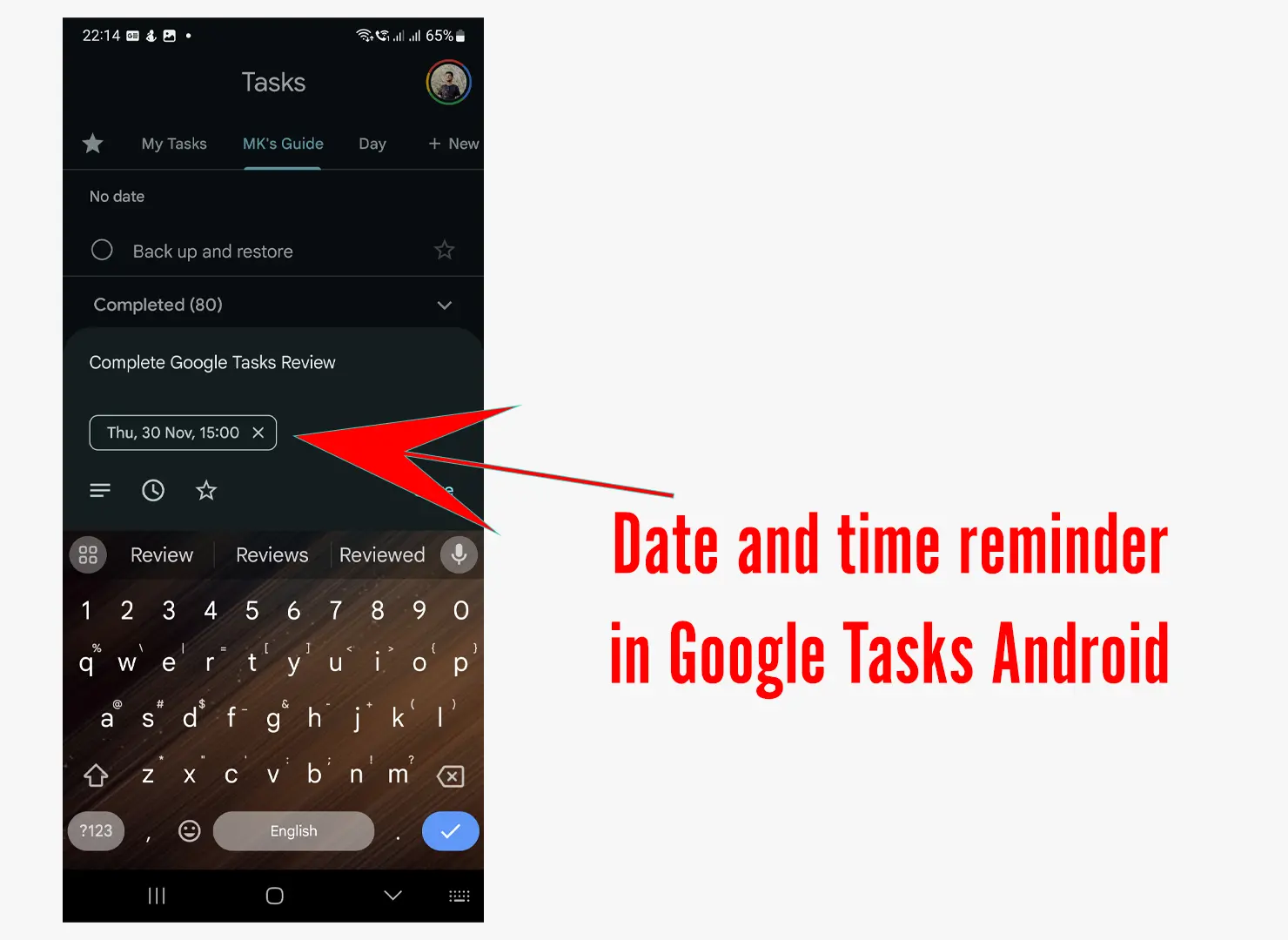 Date and time reminder in Google Tasks Android