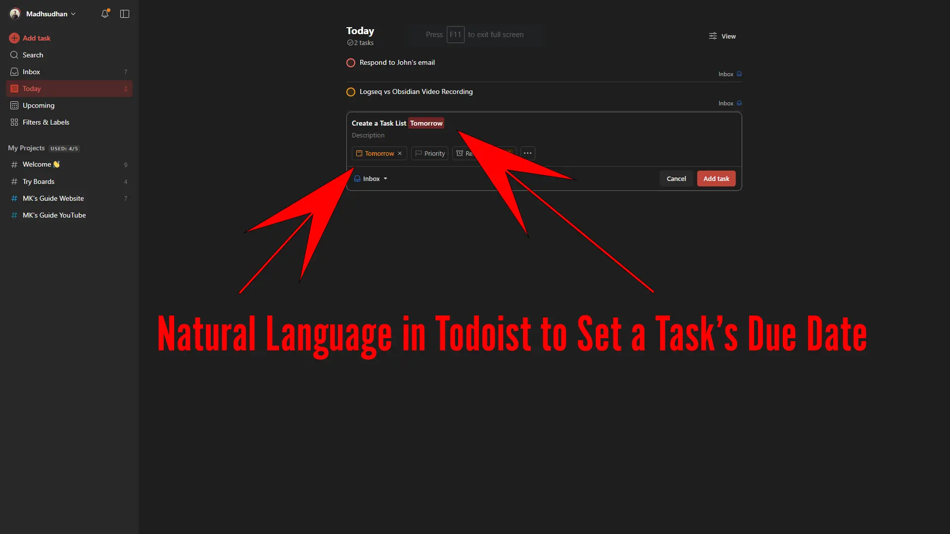 Natural Language in Todoist to Set a Task Due Date