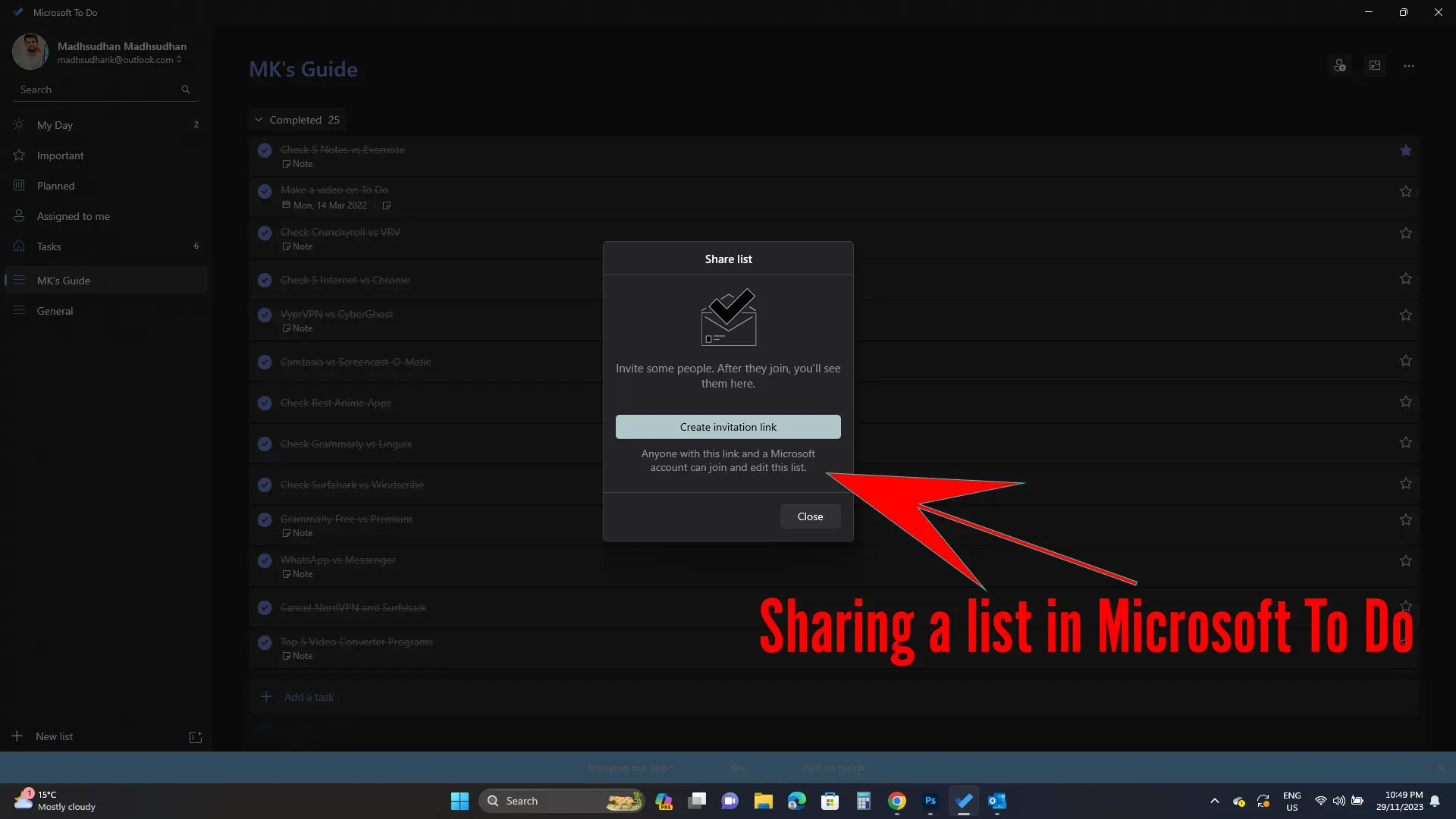 Sharing a list in Microsoft To Do